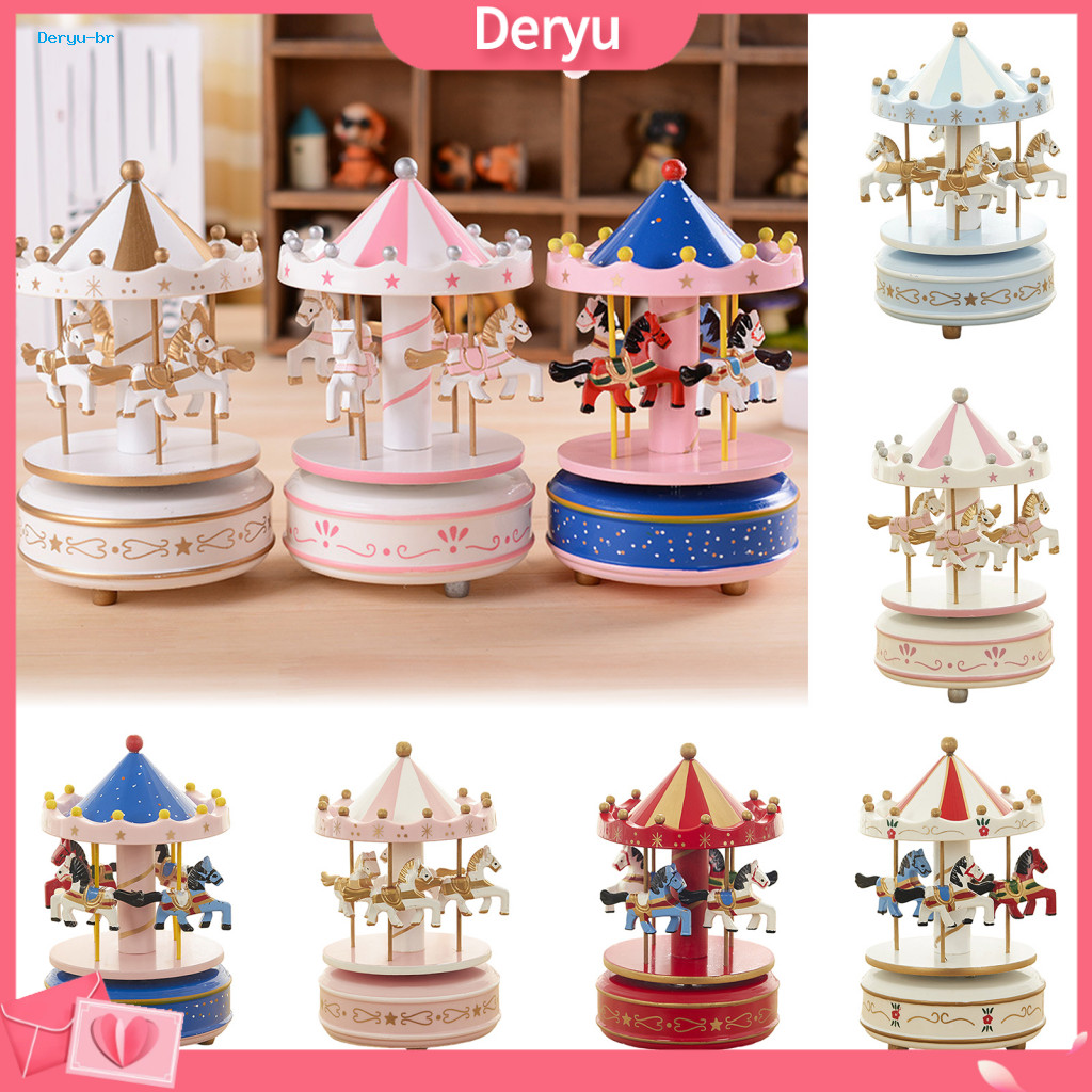 Tabletop Decorative Ornament Wooden Music Box Carousel with Rotating Horses Wind-up Musical Figurine for Home Decor Birt