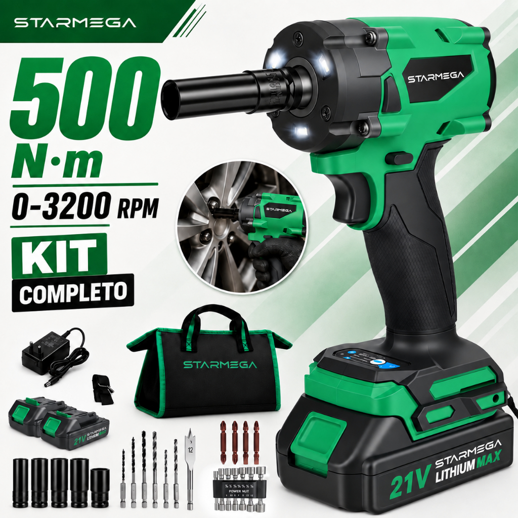 STARMEGA  Cordless Electric Wrench with 500N.M Torque DIY Home Projects, Brushless Motor and 2 Batteries