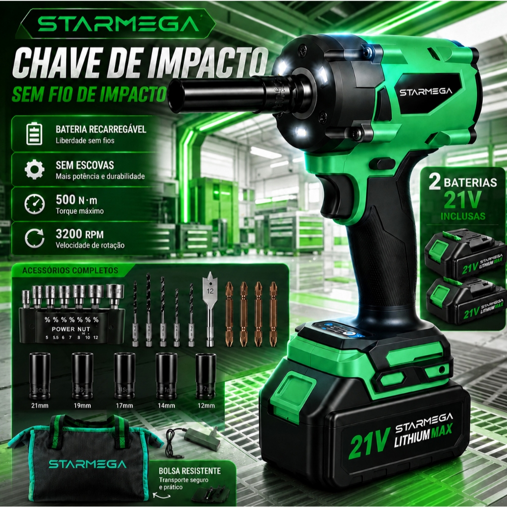 STARMEGA Cordless Electric Wrench with 500N.M Torque DIY Home Projects, Brushless Motor and 2 Batteries
