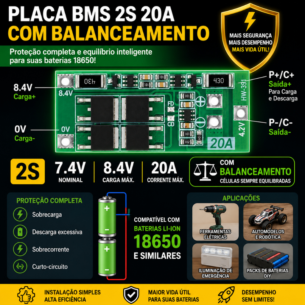 Placa BMS 2S 20A Com Balanceamento 7.4V 8.4V Proteção para Bateria 18650 Li-ion DIY