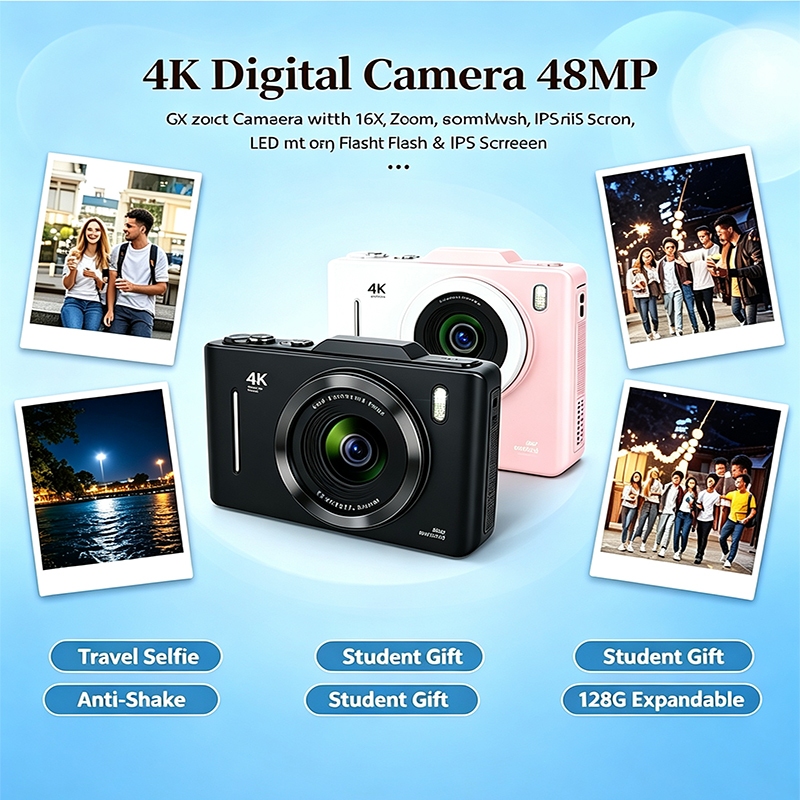 Câmera Digital 4K Compacta De 48MP Zoom 16X Tela IPS De 2.8 Polegadas Anti-Vibração Com Luz De Preenchimento LED Para Es