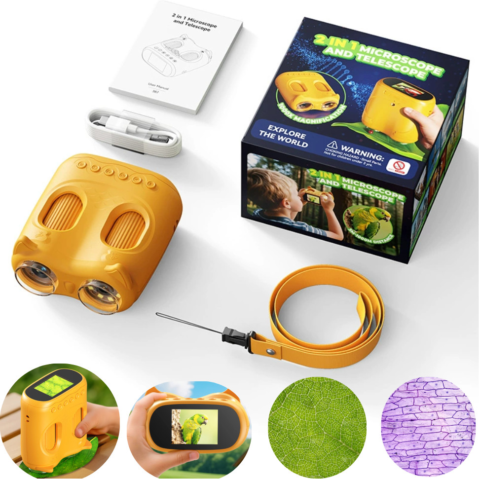 Microscópio Digital 1000X Infantil 2 em 1 Telescópio 10X Tela IPS 2 Polegadas Recarregável