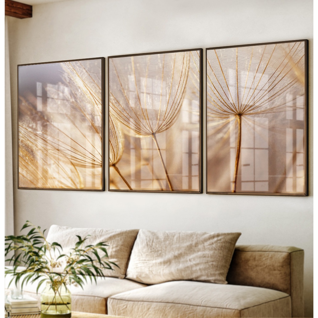 Quadro Dente De Leão Com Moldura Trio De Quadros Decorativos Para Sala Quadro Quarto Casal Dourado