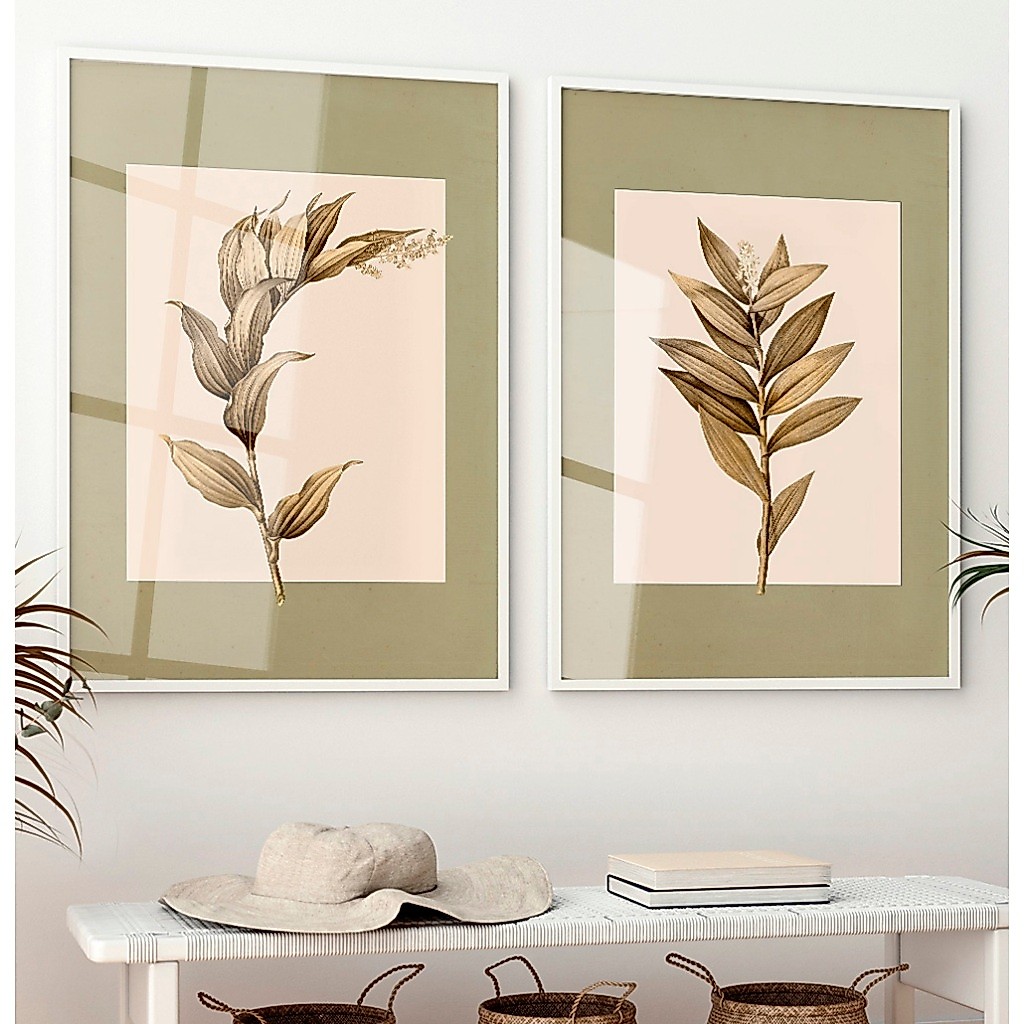 Quadro Decorativo Com Moldura Vidro Sala Quarto Casal Escritório Duo Floral Plantas Douradas Sépia