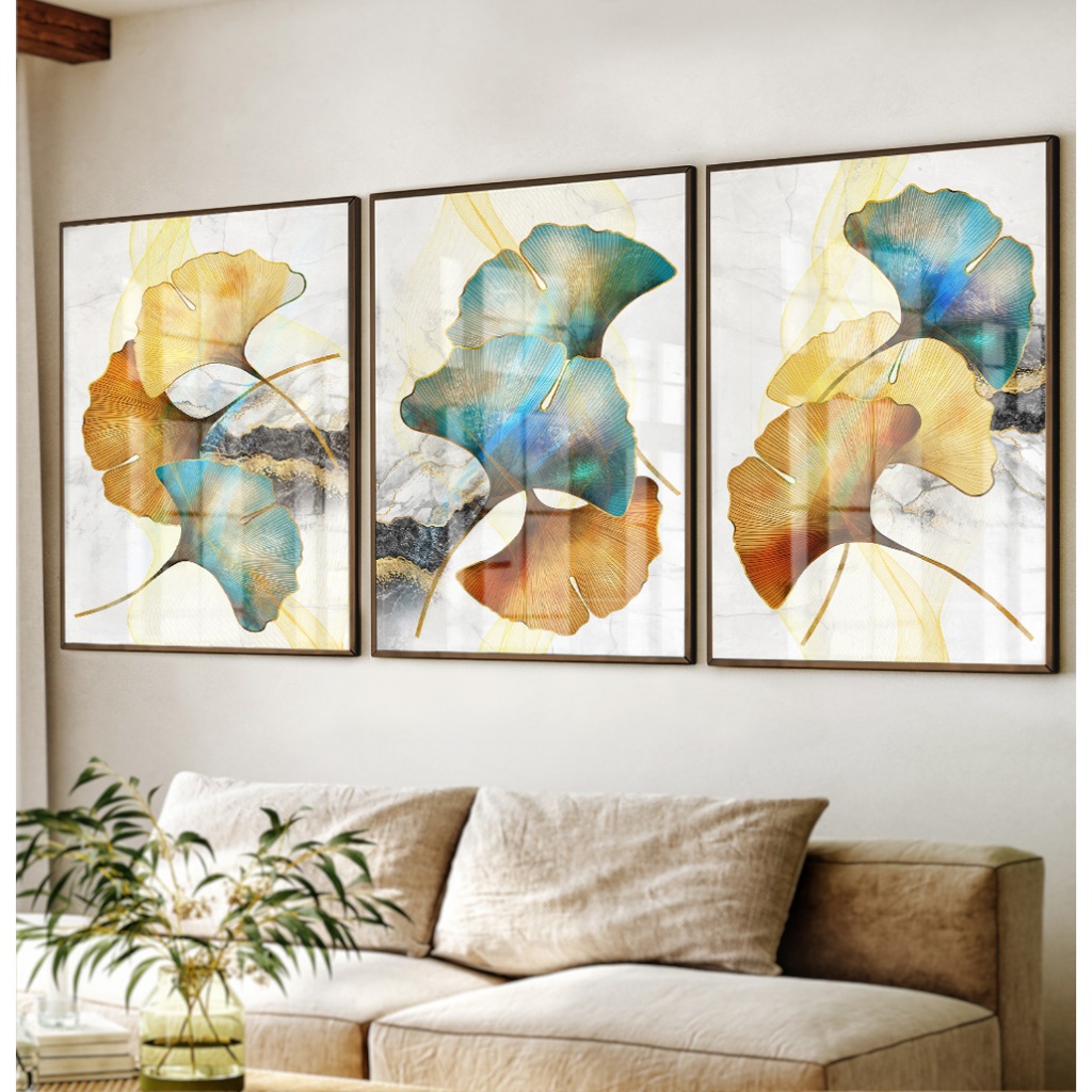 Quadro Abstrato Folhagem Com Moldura Quadro Decorativo Sala Grande Quadro Dourado Marmorizado Trio