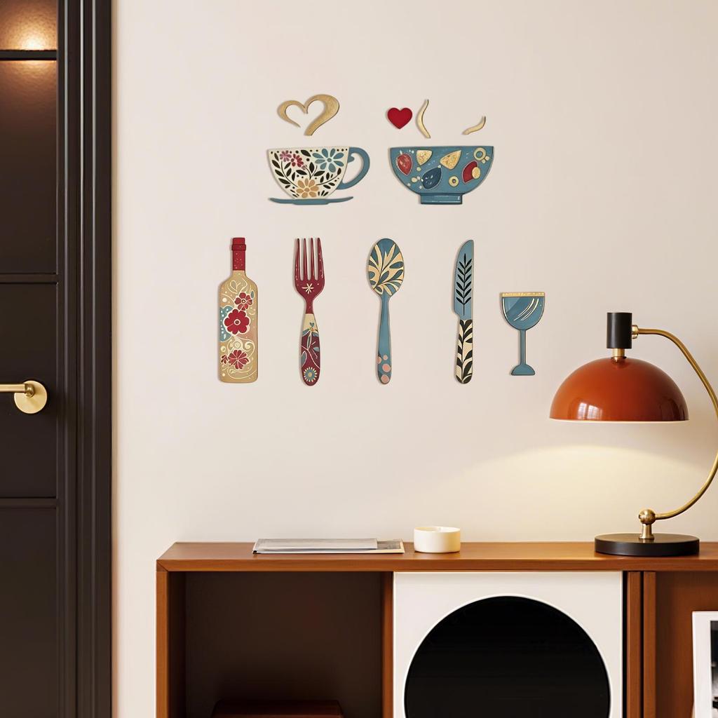 Arte Da Parede Decoração 2D Xícara De Café Garfo Ornamento Conjunto Sinal Para Apartamento Quarto Cozinha Escritório Ent