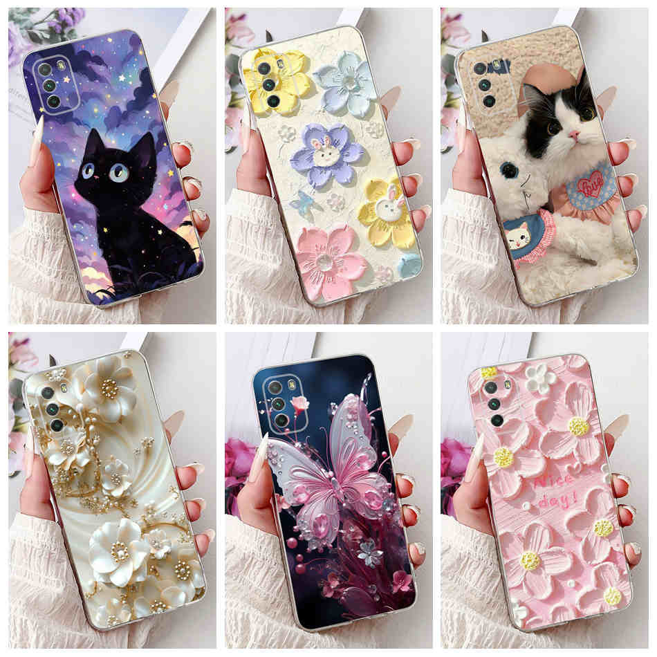 Xiaomi Poco M3/M3 Pro 4G 5G Gato Fofo Borboleta Flor Padrão Capa PocoM3 M3Pro De Telefone TPU De Silicone Macio