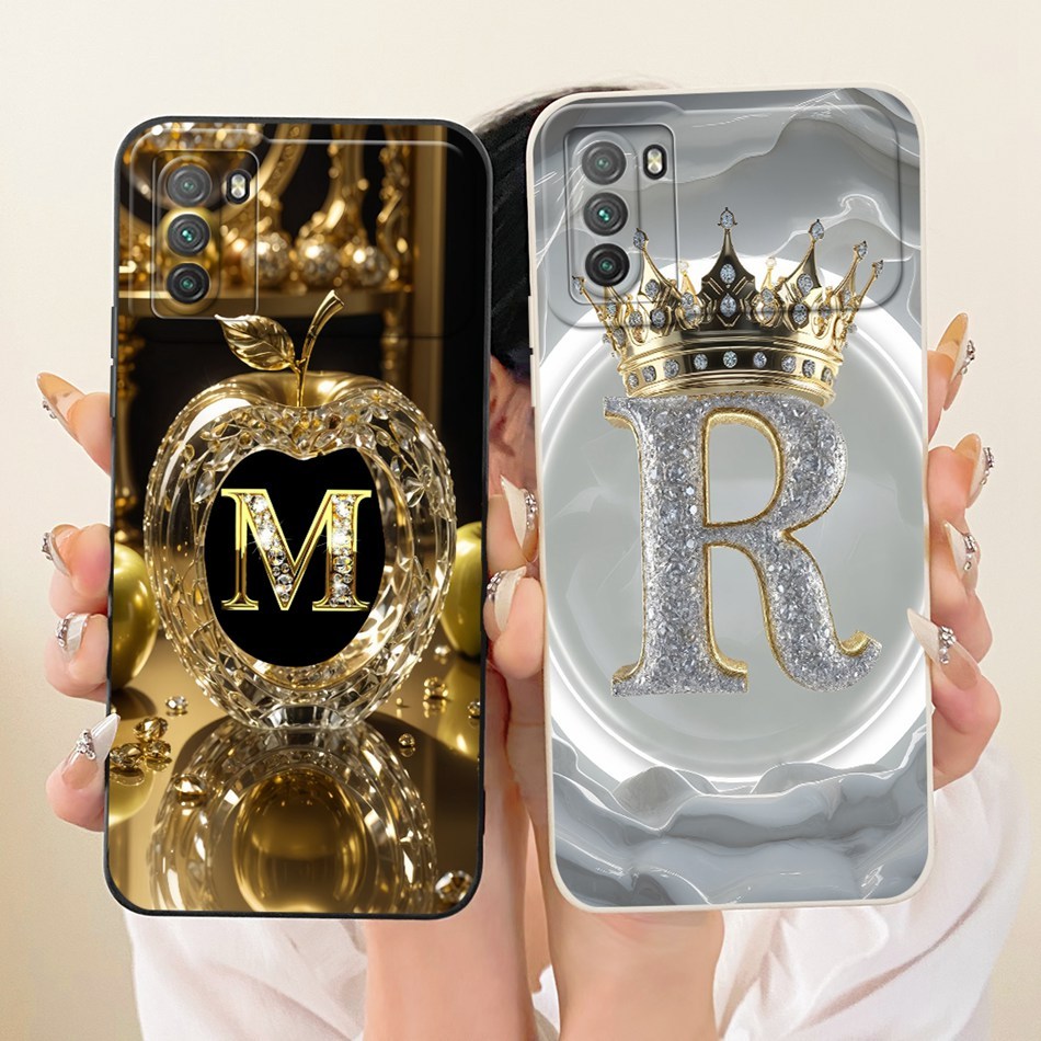 Para Xiaomi Poco M3/PocoM3 Pro 5G 4G Coroa De Cristal Letra Inicial Casal Telefone Embalagem Lente Protetora Caso Silico