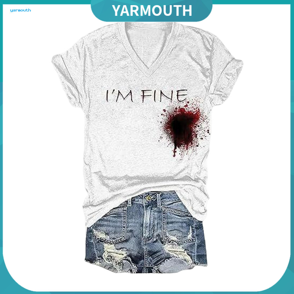 Women Halloween Tops Breathable Blouses Blood Stain V-neck T-shirt for – Funny Tee Digital Print Top Costume Shirt Tre