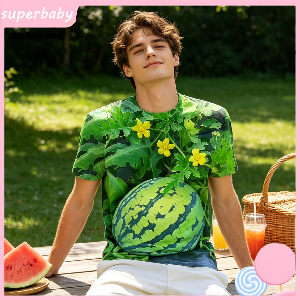 Summer Beach Outfit Funny Watermelon T-shirt Big Belly 3d Fruit Print Tee Short Sleeve Crew Neck Shirt Novelty Gag Gift