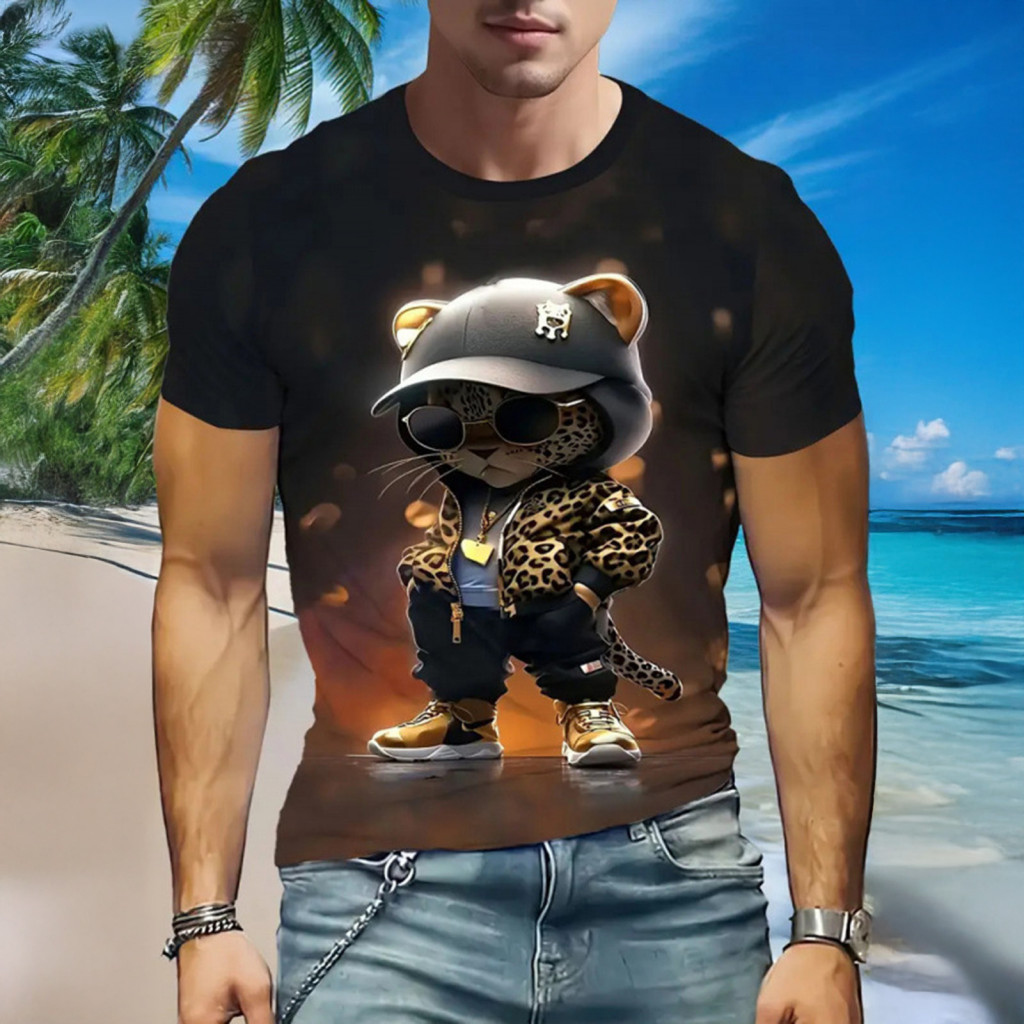 Men Round Neck T-shirt Stretchy Casual for Men's Cartoon Animal Print Funny Short Sleeve Tee for Daily Wear Street Party