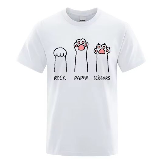 Camiseta Camisa Blusa Algodão Unissex Rock Paper Scissors Funny Cat Print Clothes