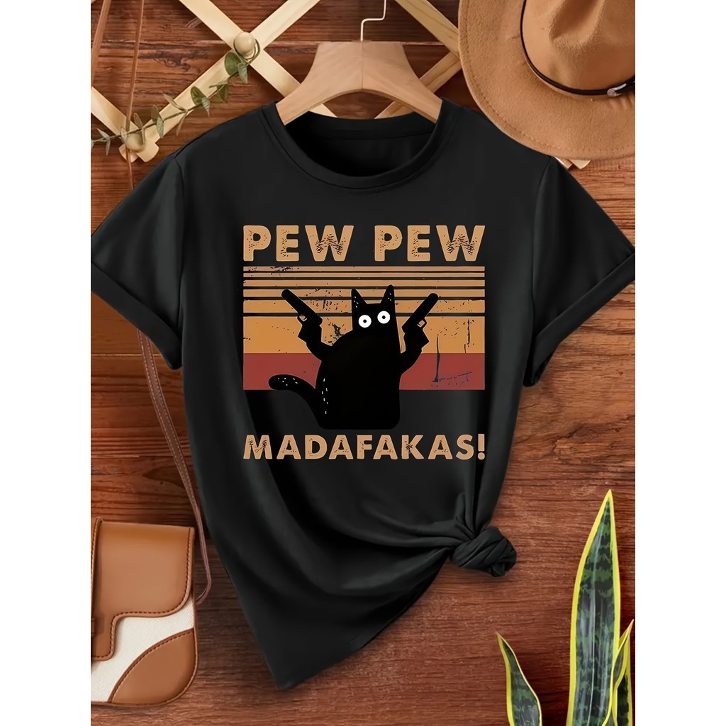Camiseta Pew Pew Madafakas Funny Cat Graphic Animal Print Divertida Meme 100% Algodão 30.1