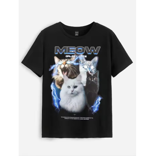 Camiseta Camisa Blusa Algodão Unissex Heavy Cotton T-shirt Retro Funny Cat Fashion Printed Meow