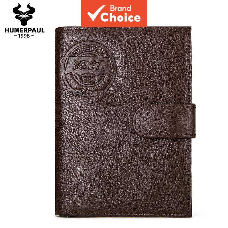 HUMERPAUL carteira de couro de vaca clássica masculina, porta-passaporte, vários compartimentos para cartões, bolso para
