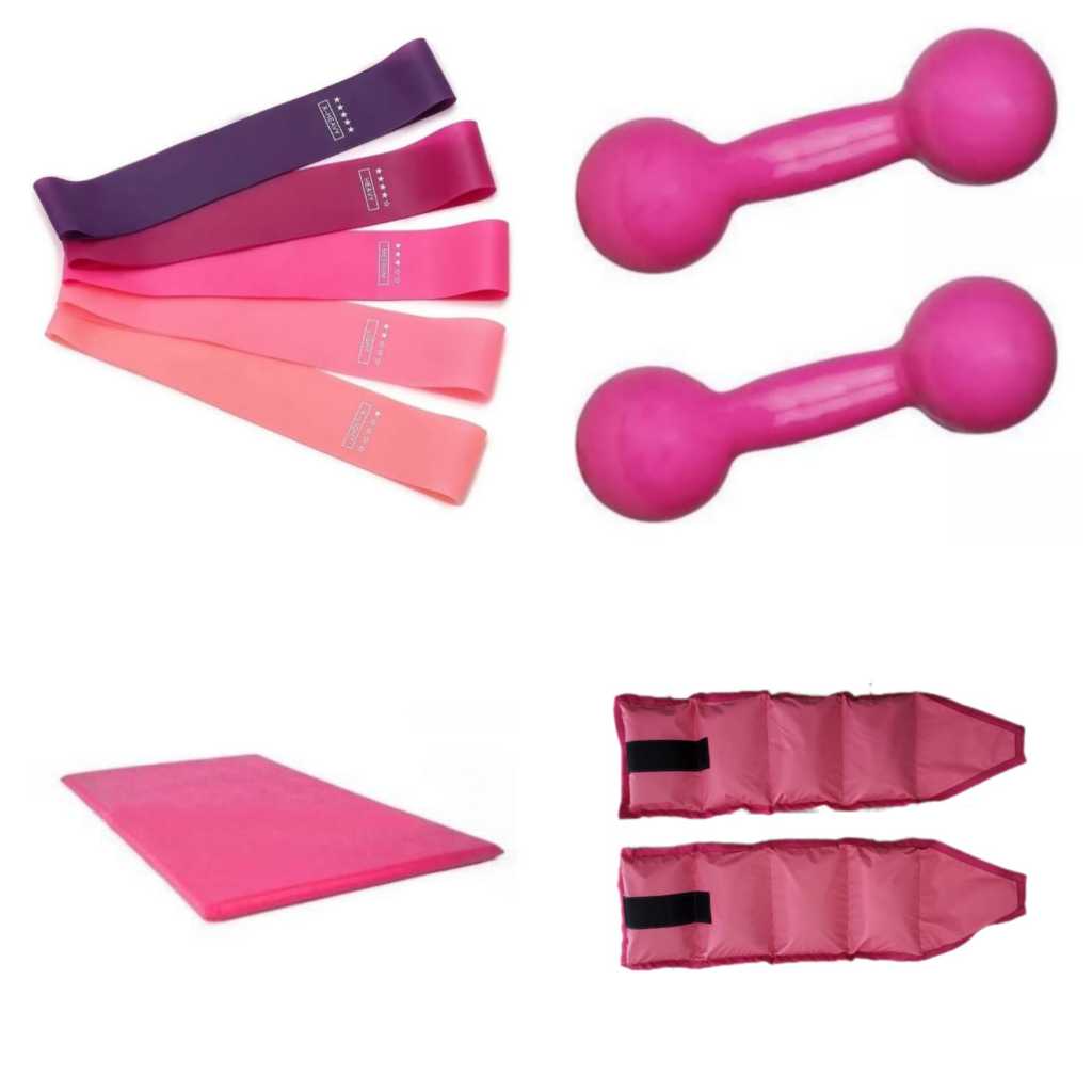 Kit na Cor Rosa Halter Emborrachado 2kg + Caneleira 3kg + Mini Band 5 Niveis + Colchonete