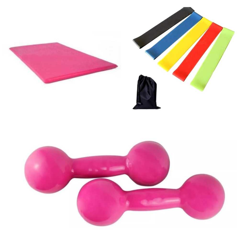 Combo Fitness: Halter 2kg Rosa + Colchonete 90/60/3 + Mini Band 5 Níveis