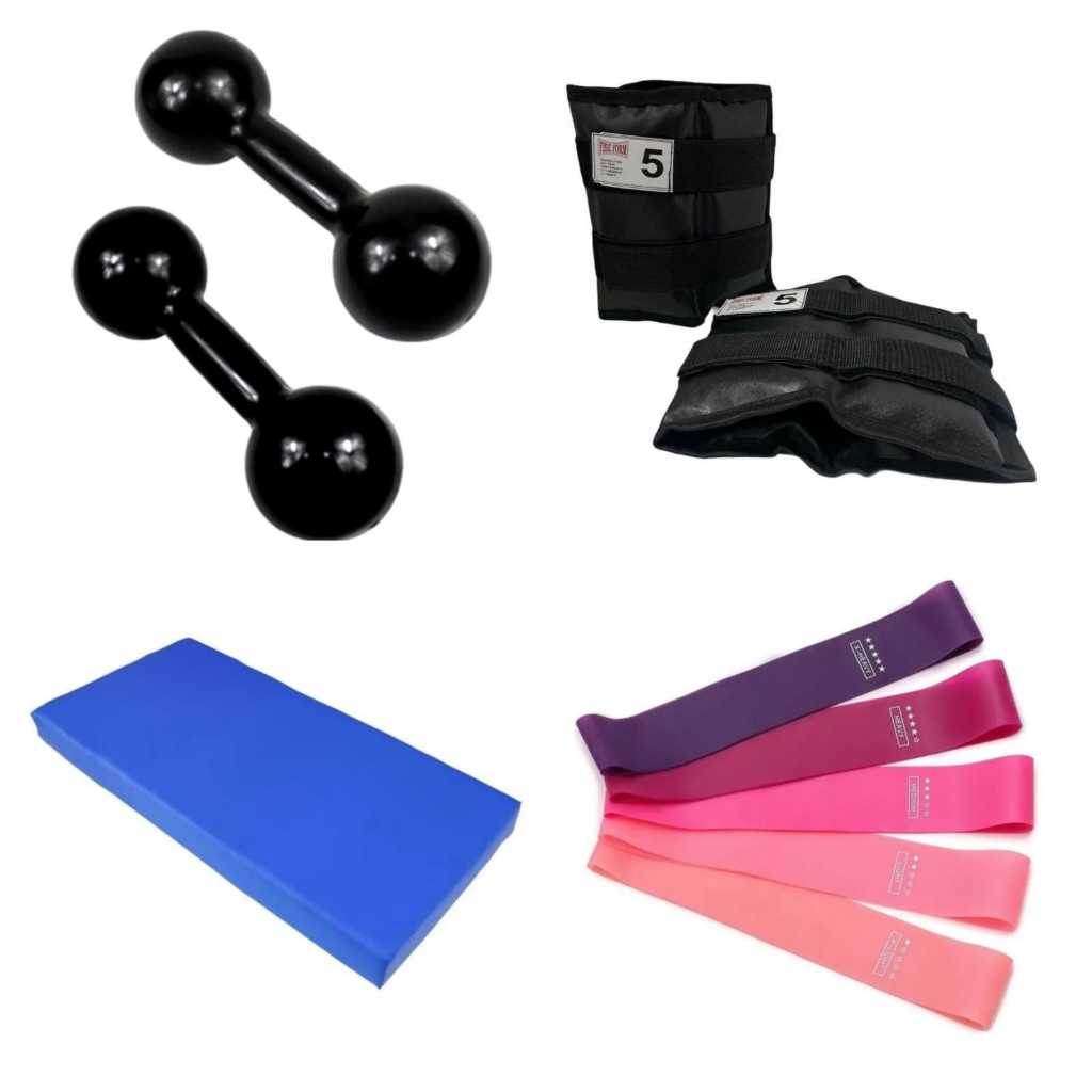 Kit 5kg: Halter Emborrachado Formato Redondo Preto + Caneleira + Mini Band 5 Níveis  + Colchonete
