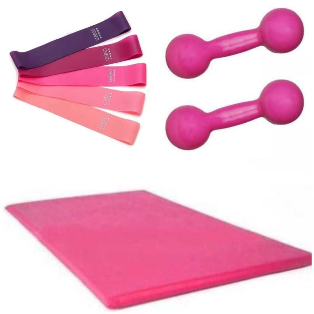 Kit Treino Completo: Halter 1kg + Colchonete Rosa + Mini Band 5 Níveis