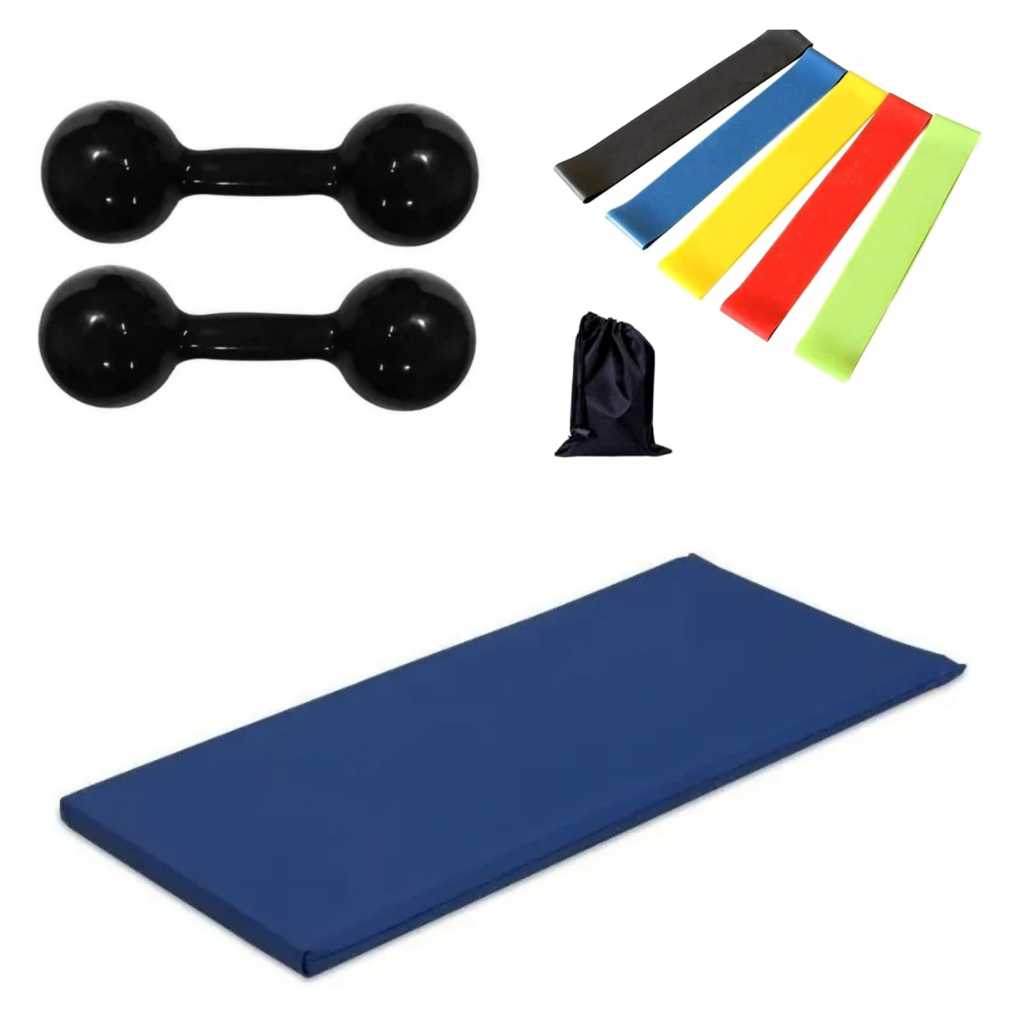 Combo Fitness Caseiro: Halteres 3kg + Colchonete Azul + Elástico 5 Níveis