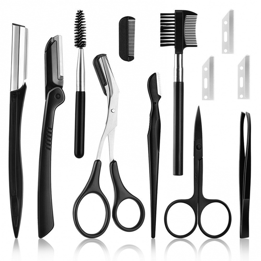Kit de Aparador de Sobrancelha 11 Unidades Mulheres Inclui Facial  Face Razors Eyebrow Escova Tesoura Pinça