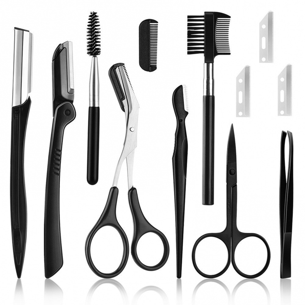 Kit de Aparador de Sobrancelha Mulheres Inclui Facial Face Razors Eyebrow Escova Tesoura Pinça Com Saco De Armazenamento