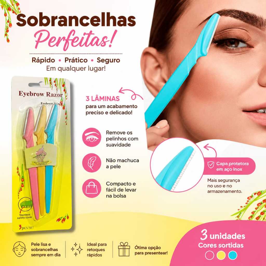 Kit 3 Navalhas para Sobrancelhas – Removedor de Pelos Facial Eyebrow Razor