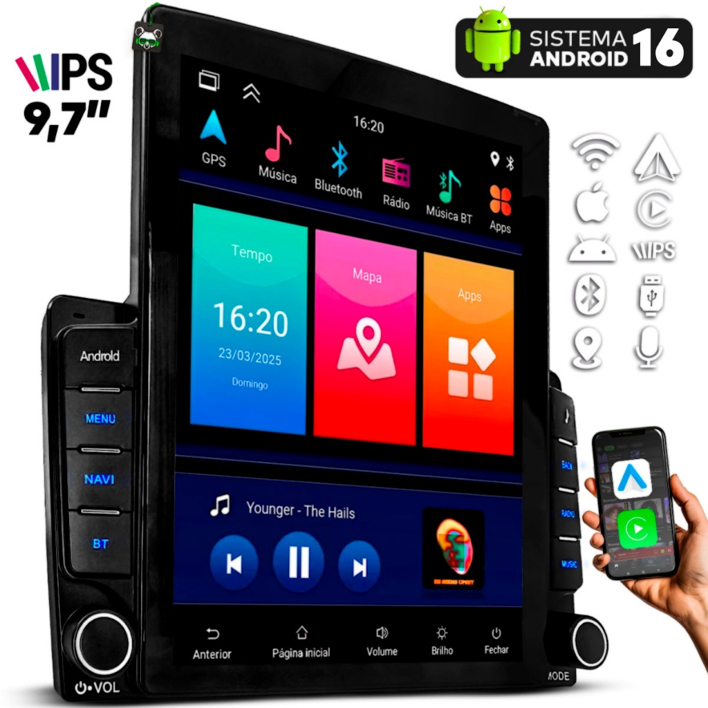 Multimídia Tesla Universal 9,7 Pol Quadcore Sistema Android 16 C/ Android Auto Carplay