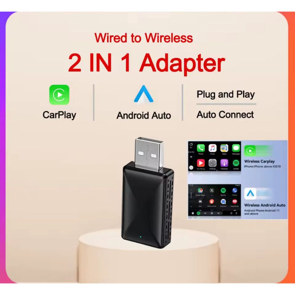 ADAPTADOR CARPLAY SEM FIO 2 EM 1 ANDROID AUTO AUTOMOTIVO ANDROID CAR PLAY SEM FIO PARA CARRO