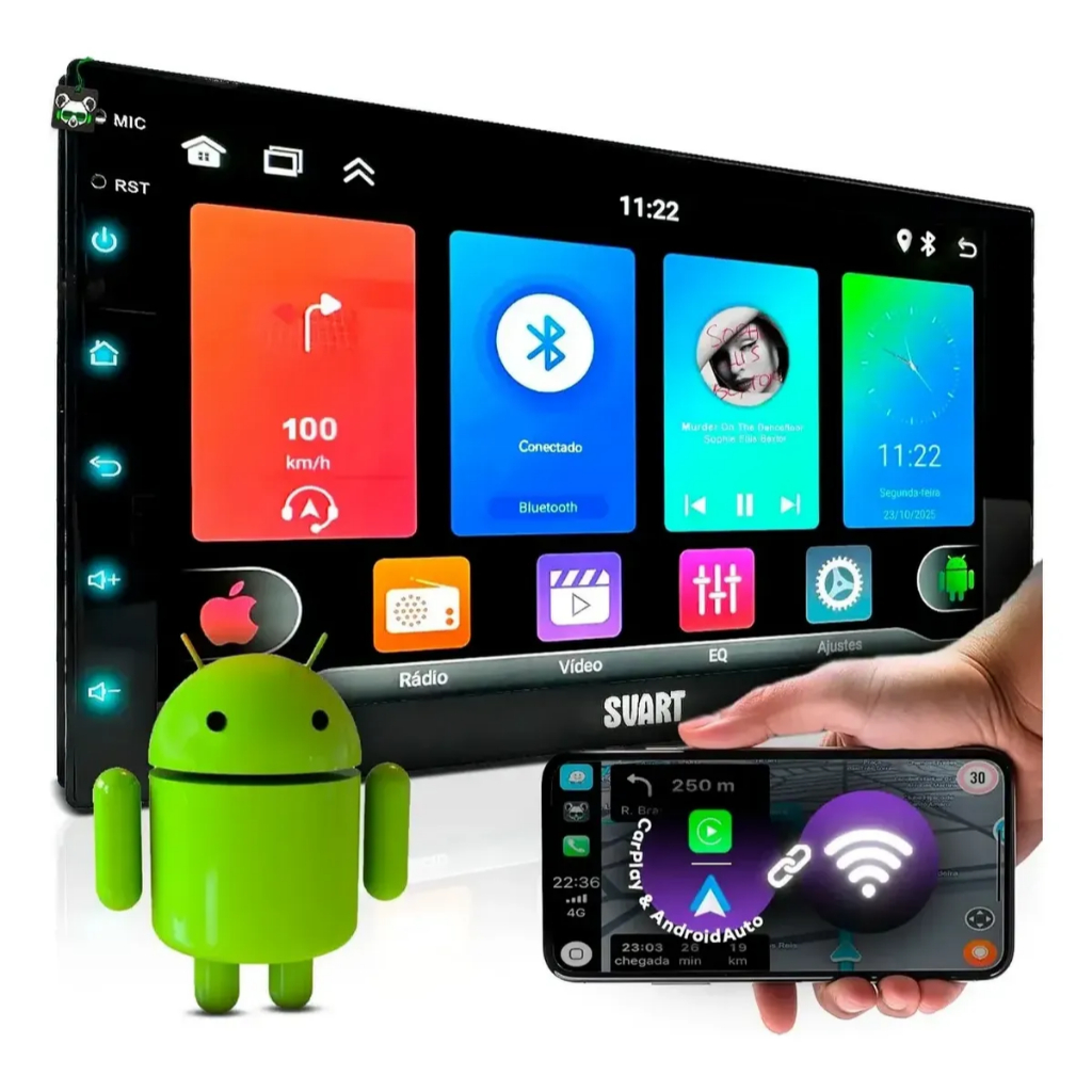 Central Multimídia 7 Polegadas Android Auto CarPlay Bluetooth USB