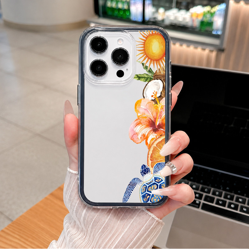 Tropical Seaside Sea Turtle Flower Fruit Light Blue Frame Transparente Apple Phone Case Fresco com tudo incluído Resiste