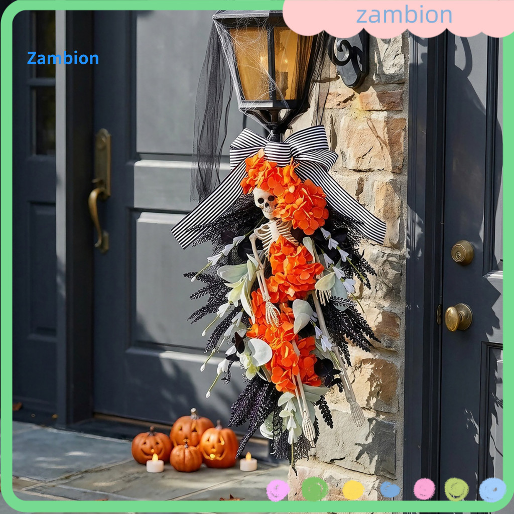 Street Light Halloween Decor One-piece Wreath Skeleton for Front Door Spooky Skull Teardrop Swag with Artificial Flowers