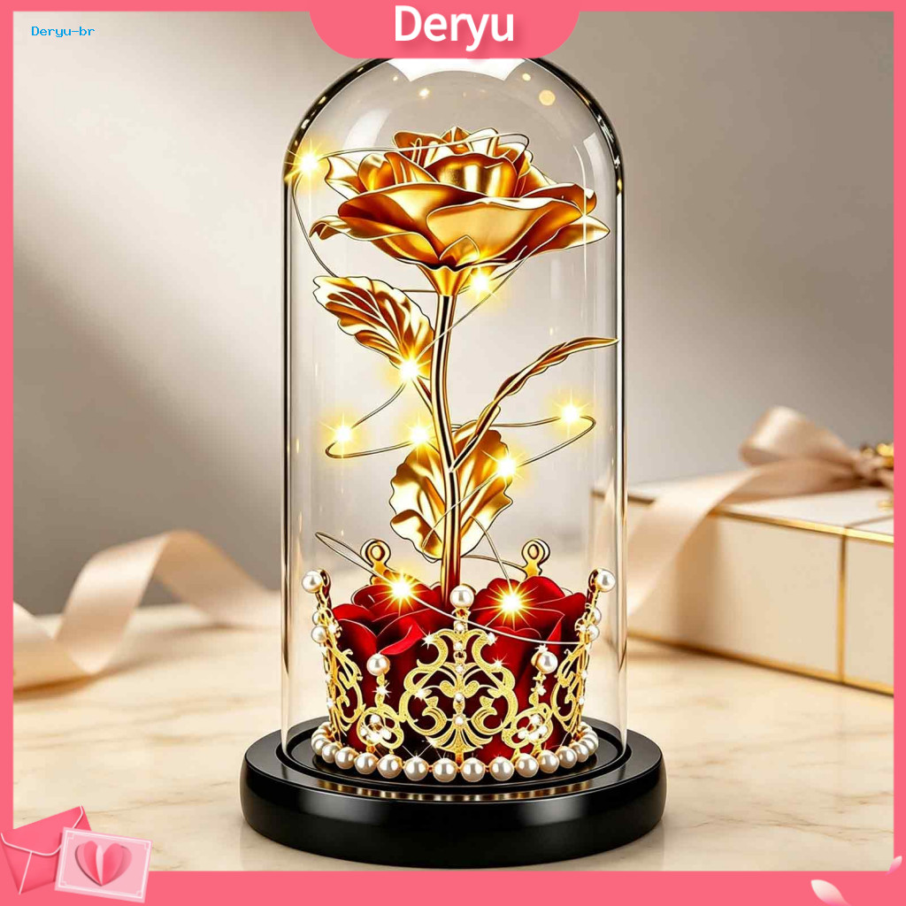 Rose Gift for Girlfriend Plastic Dome Flower Display Preserved with Crown Faux Pearls Eternal Ornament Led String Lights