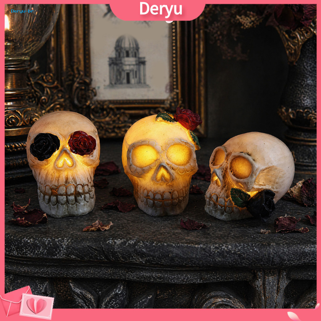 Skull Halloween Lamp Themed Decor with Rose Flower Day of the Dead Resin Figurine Spooky Skeleton Head Light for Home an