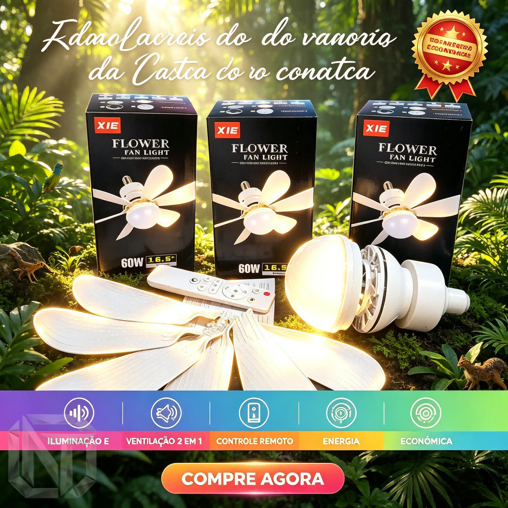 Ventilador de Teto LED Flower Fan Light | Silencioso, Economico, Bivolt E27, Fácil Montagem com Controle Remoto
