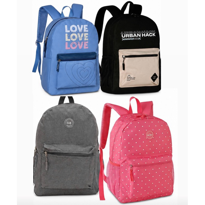 Mochila Escolar, Lazer Clio modelos 2026/2027- Preto, Rosa, - Live Love Estampas Desenhos, Poá, Clio - com bolso, colors