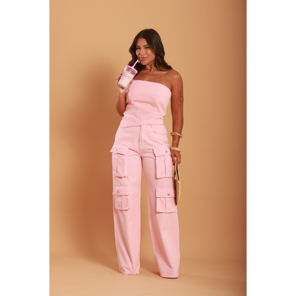 Calça Cargo Jeans Feminina 4 Bolsos Color Rosa Ice Cream Moda Estilosa Qualidade Nude Bege