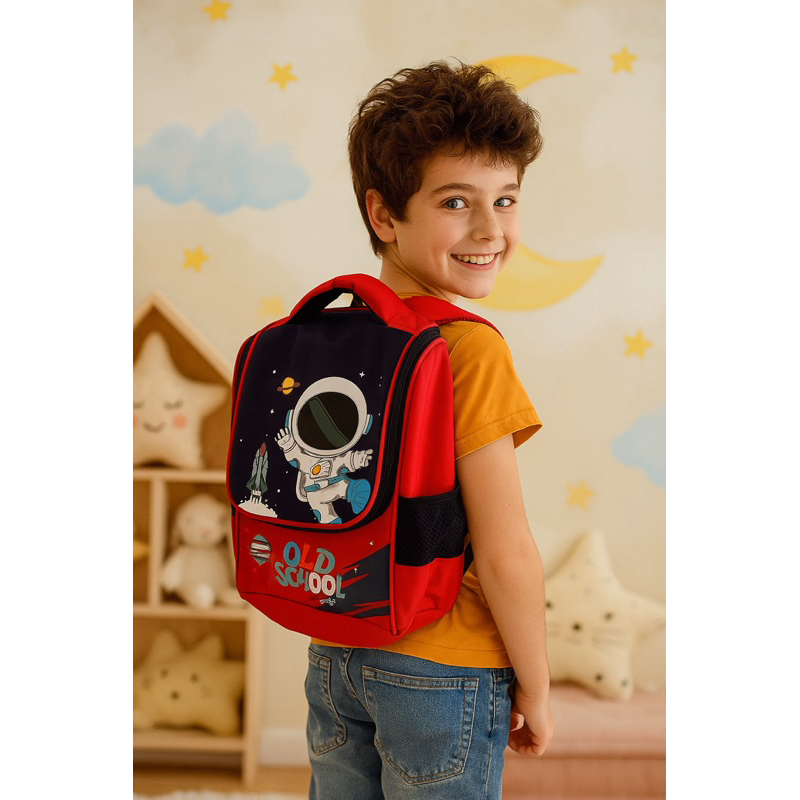 Mochila Escolar ou Passeio, reforçada Astronauta Old School. Dimensões: 31cm altura x 23cm largura x 12cm profundidade.