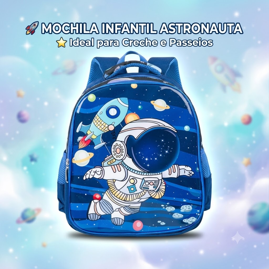 Mochila Infantil Menino Astronauta Escolar Creche Espaço Resistente 32cm