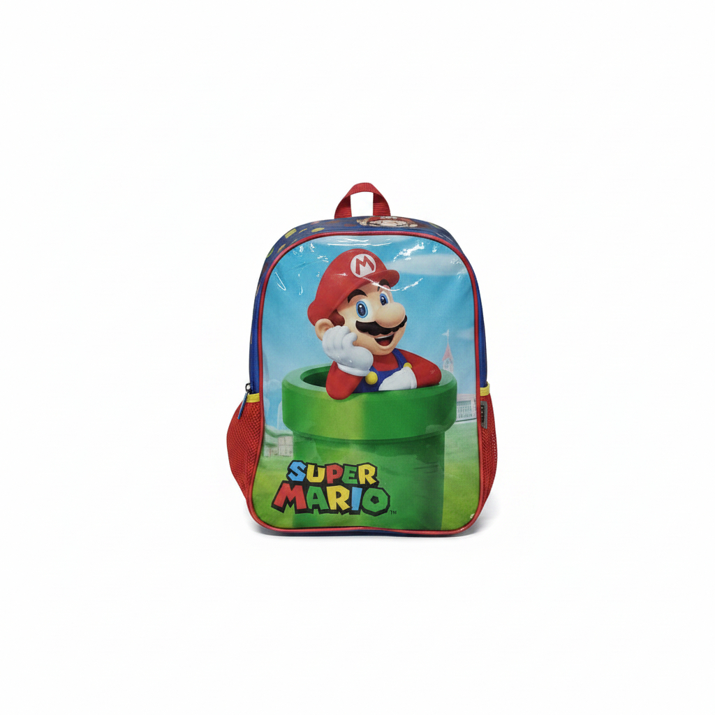 Mochila Escolar Infantil Super Mario — Mario no Cano Verde com Mesh Vermelha (Nintendo)