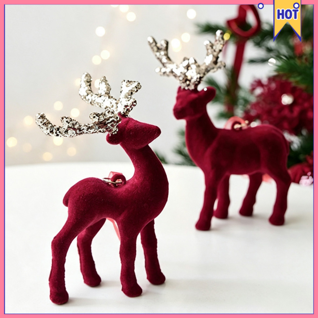 Christmas Flocking Elk Statue Plush Reindeer Ornament Cute Seated Standing Deer Sculpture Winter Holiday Decor for Wine