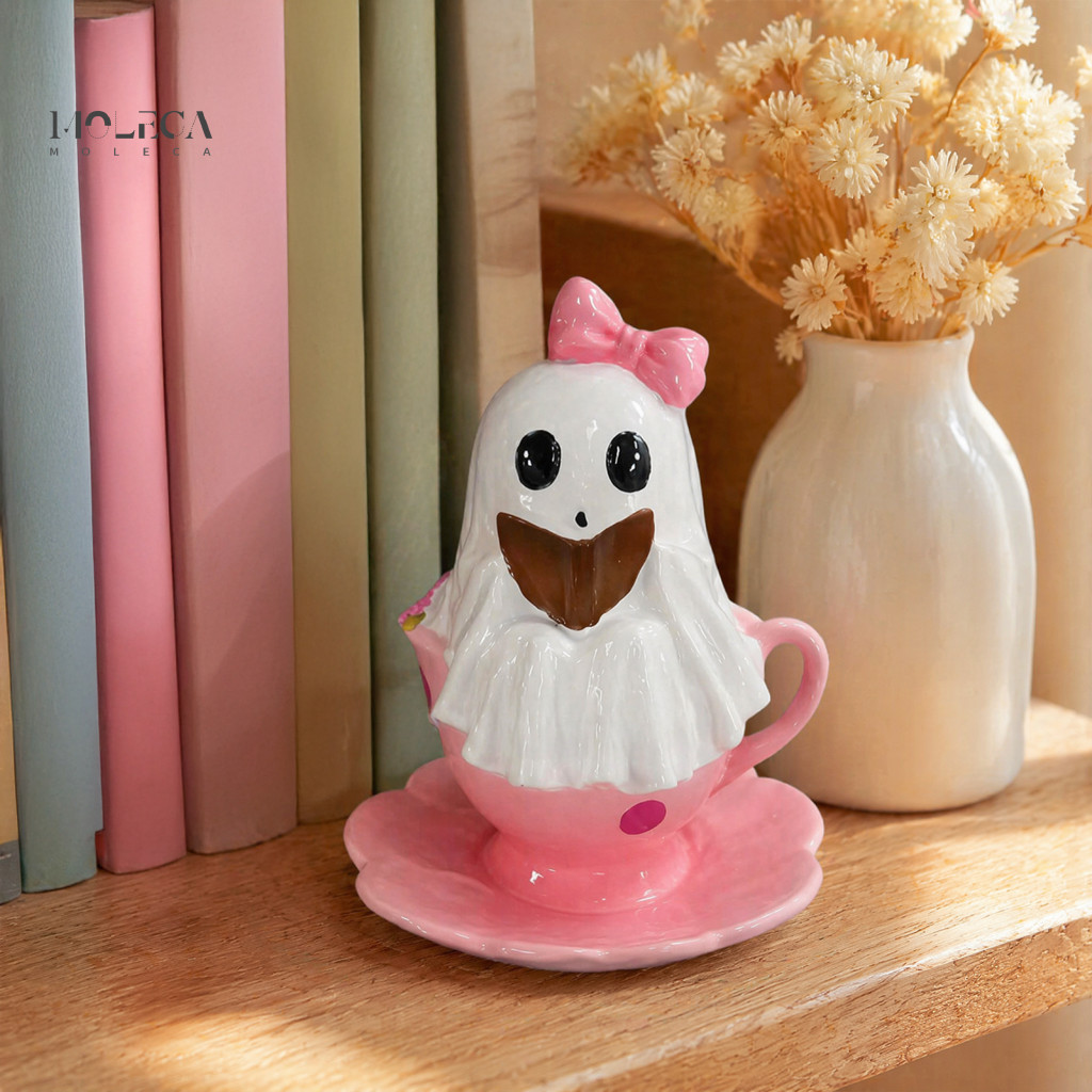 Cute Halloween Ghost Decor Small Spooky Ornament for Women Figurine Pink Teacup Resin Sculpture Desktop Decoration for H