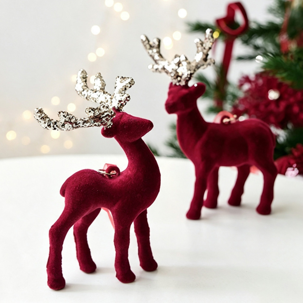 Christmas Flocking Elk Statue Plush Reindeer Ornament Cute Seated Standing Deer Sculpture Winter Holiday Decor for Wine