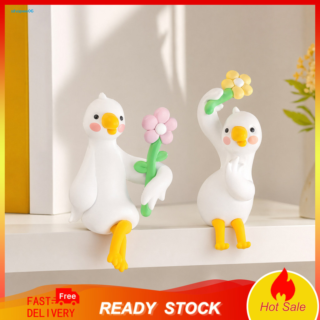 Office Desk Mini Sculpture Small Duck Figurine Resin with Flower – Cute Car Dashboard Tv Monitor Decor Playful Gift fo