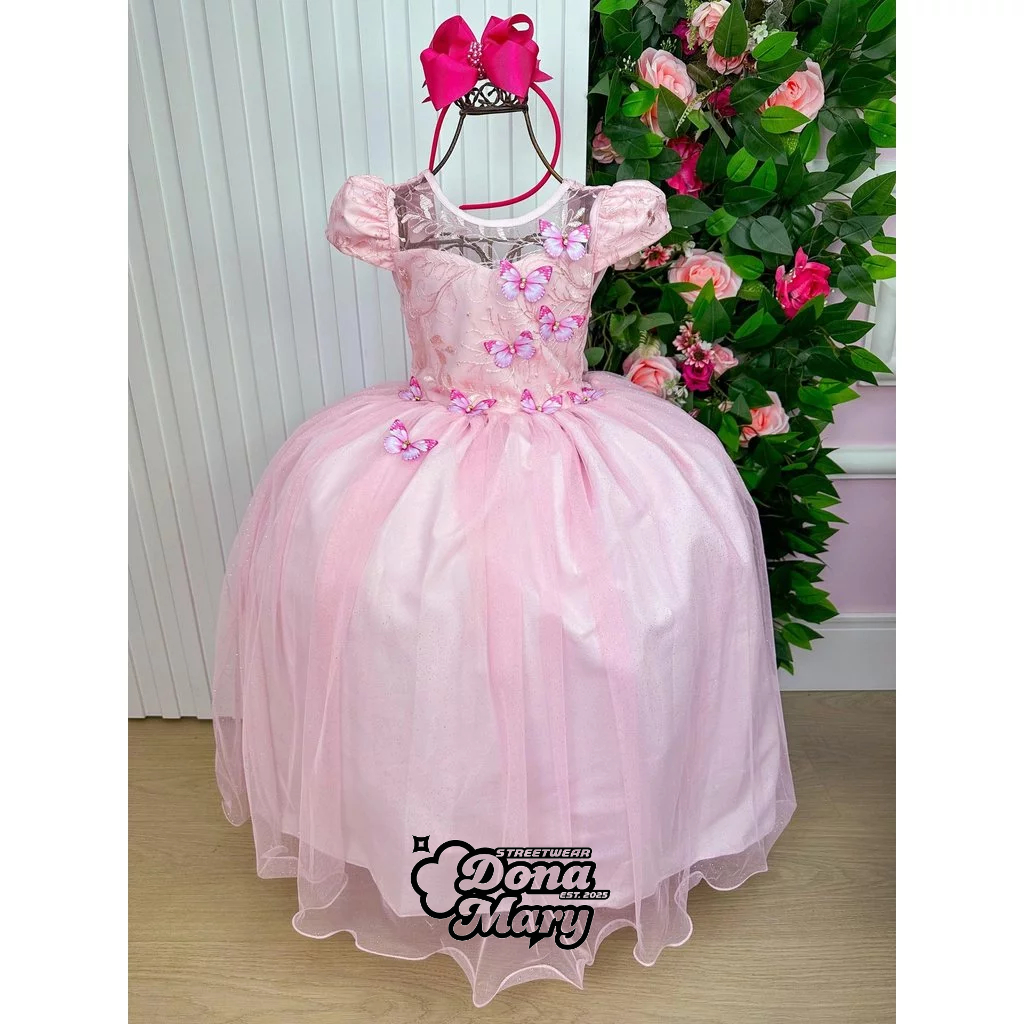 Vestido Vila Lele Longo Jardim Encantado Borboletas Rosa Beb