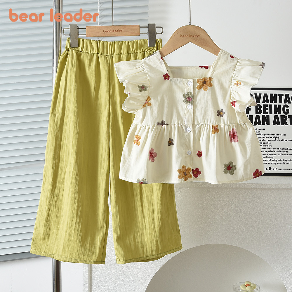 Bear Leader 3 A 10 Anos Adolescentes Meninas Flor Xadrez Estampa Camiseta E Calças Conjunto De Duas Peças Verão Novo Beb