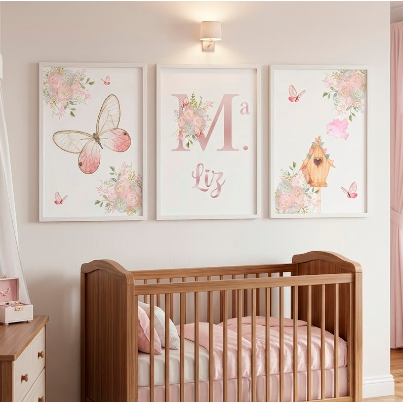 Quadro Decorativo Infantil Borboleta Flor Personalizado nome Delicado decoração Quarto Menina rosa
