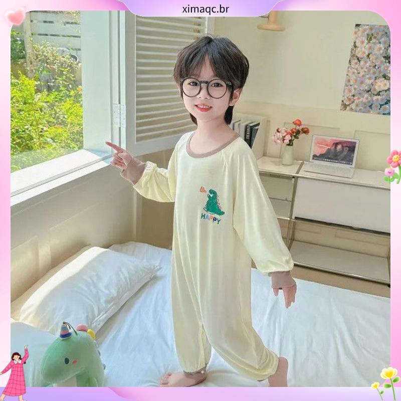 Modal crianças dinossauro pijamas de uma peça verão meninos meninas à prova de chute macacão bebê Anti-frio manga do beb