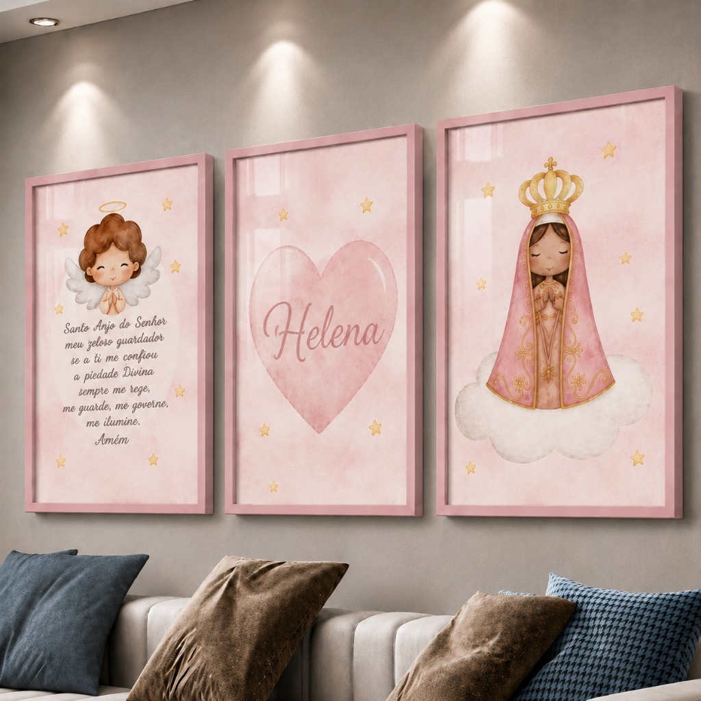 Kit 3 Quadros Decorativos Infantil Nossa Senhora Rosa com Anjinho, Oração e Nome Personalizado para Quarto de Menina Beb