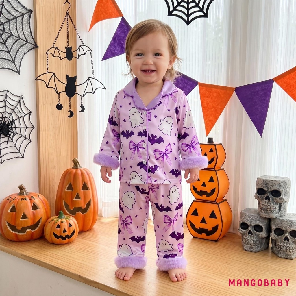 Mango-Kids Meninas Pijamas De Halloween Outono Botão Até Camisa De Mangas Compridas E Calças Elásticas Conjunto Para Beb